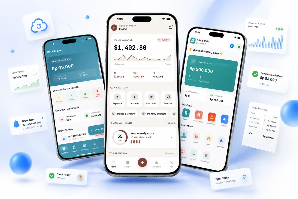 MahasDev apps — Kilo Lite, Finkel, and Kasir Mini on mobile devices